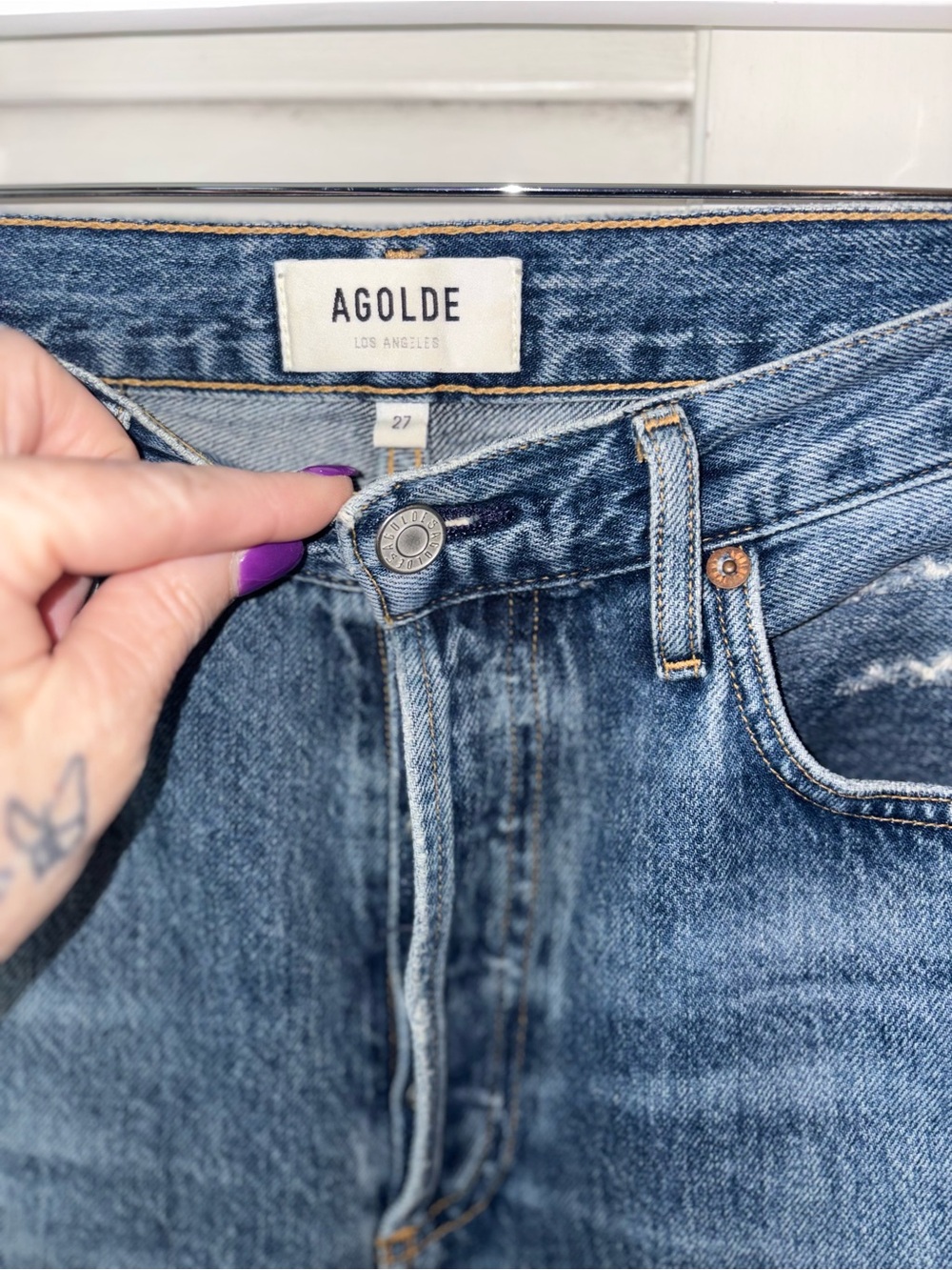 AGOLDE Riley Crop Straight Leg Jeans 27 High Rise Raw Hem Distressed Denim - Picture 3 of 5